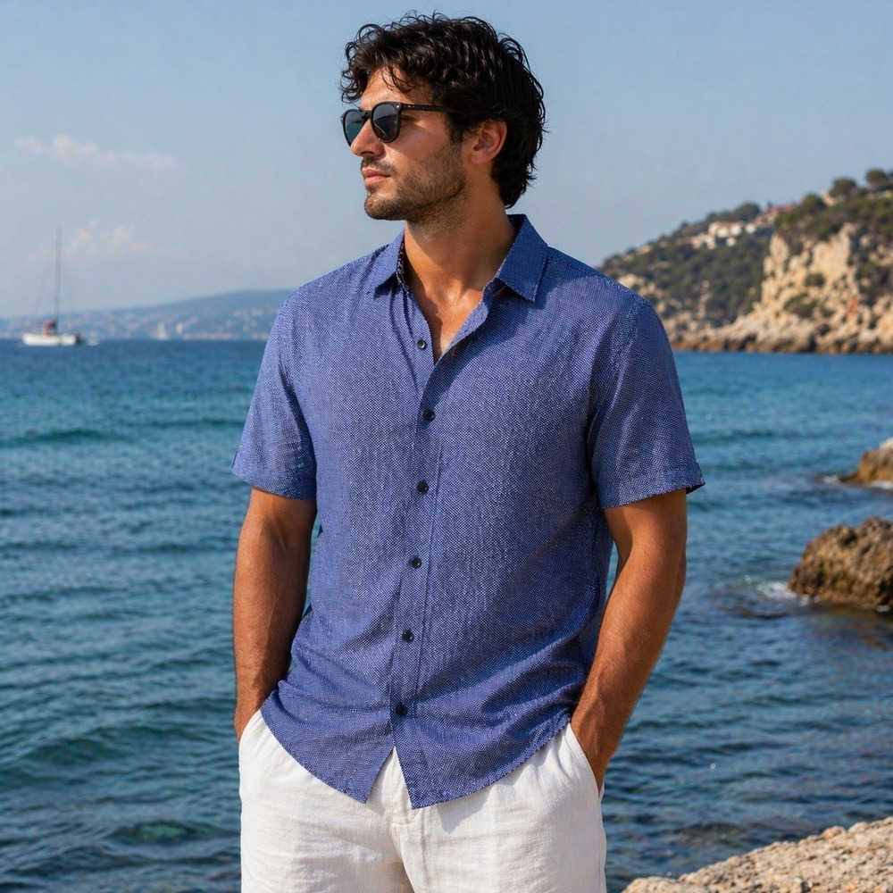 Denim & Flower Ricky Singh Mens Blue‎ Micro Dot Short Sleeve Button Down Shirt M